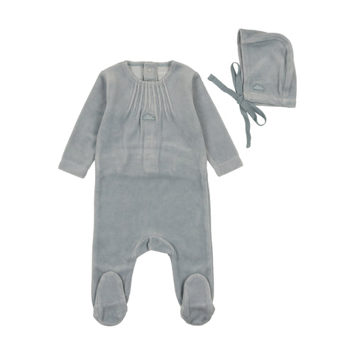 Bee and Dee Velour Pleated Footie, Bonnet & Blanket - Shadow