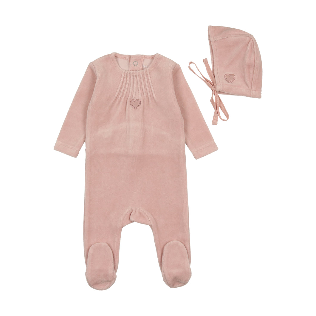 Bee and Dee Velour Pleated Footie & Bonnet - Tea Rose