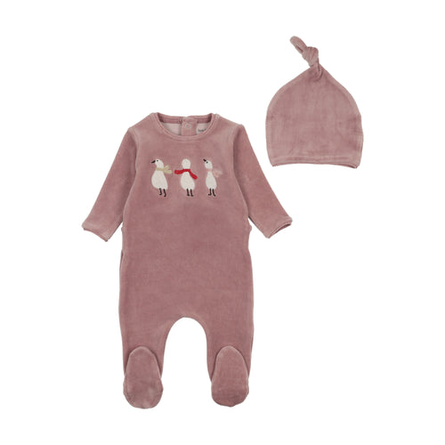 Bee and Dee Winter Geese Velour Footie & Beanie - Tea Rose