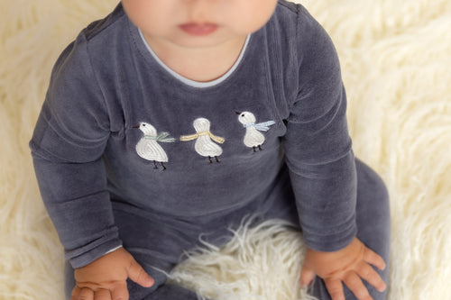 Bee and Dee Winter Geese Velour Footie & Beanie - Blue Sea