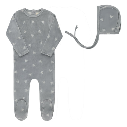 Ely's & Co Velour Leaf Pattern Footie & Bonnet - Blue
