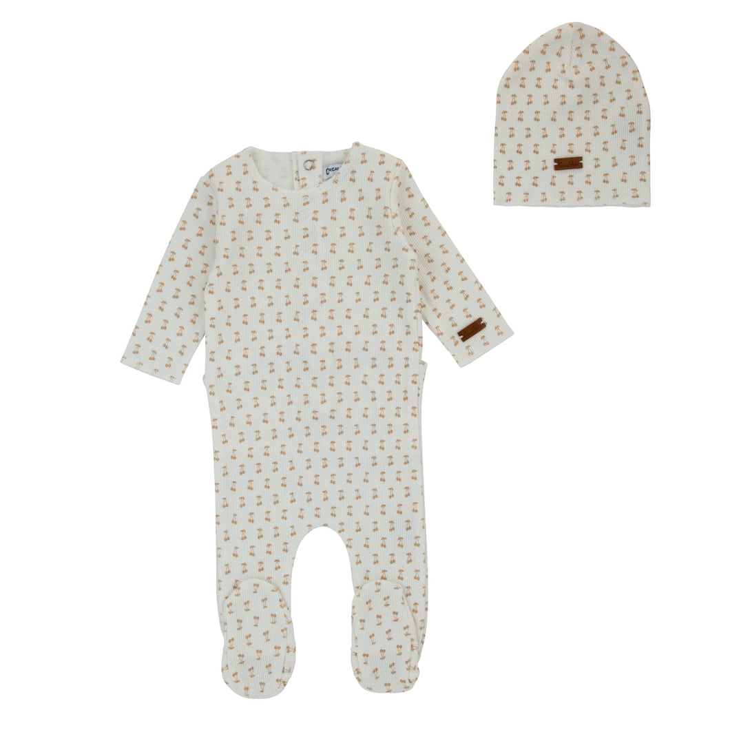 Cream Bebe Rib Cherry Print Footie & Beanie - Milk/Latte