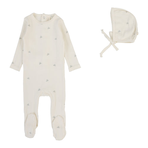 Lil Legs Printed Pointelle Footie & Bonnet - Cream/Blue Crown