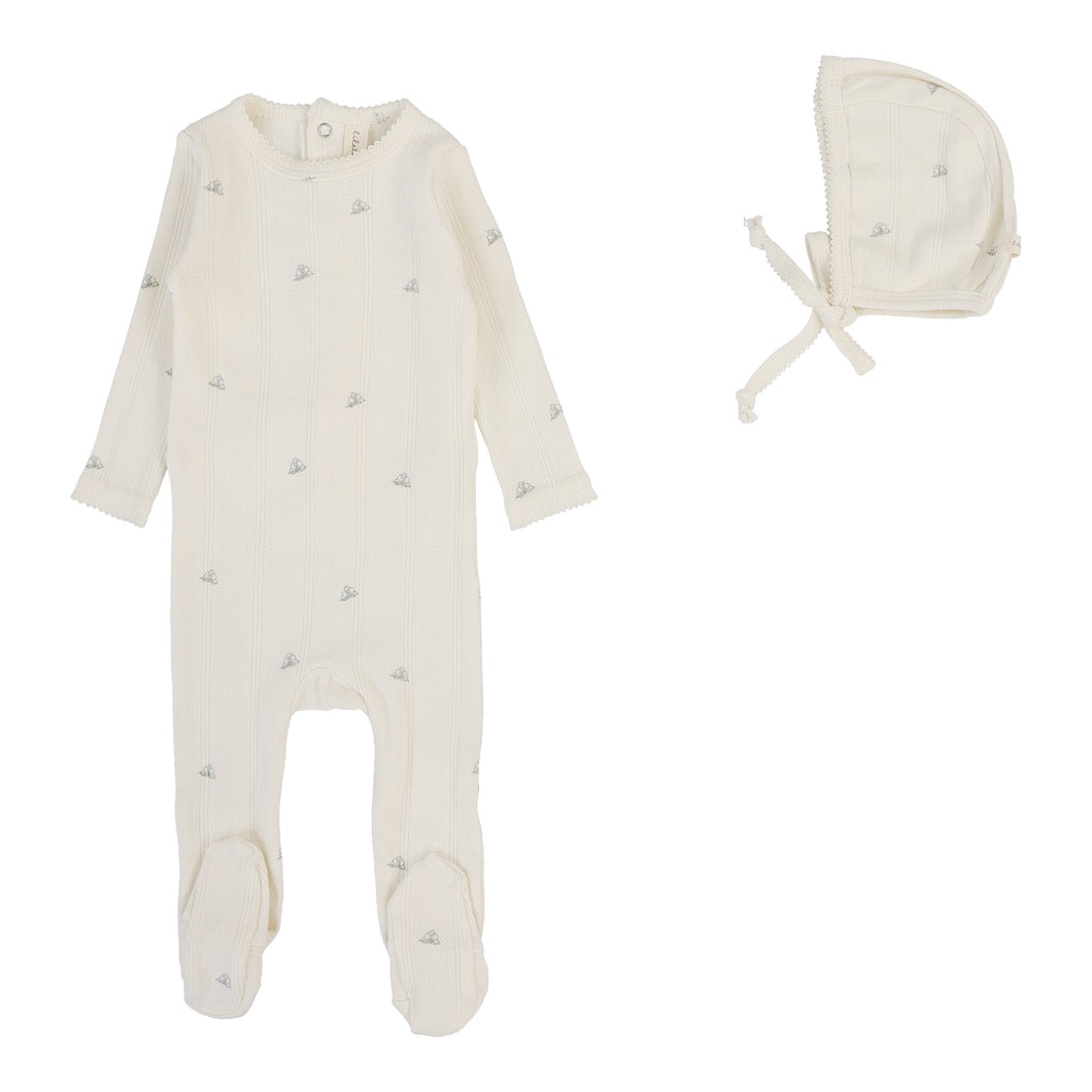 Lil Legs Printed Pointelle Footie & Bonnet - Cream/Blue Crown