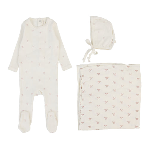 Lil Legs Printed Pointelle 3 Pc Set - Cream/Pink Bow