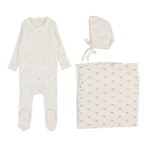 Lil Legs Printed Pointelle 3 Pc Set - Cream/Pink Bow