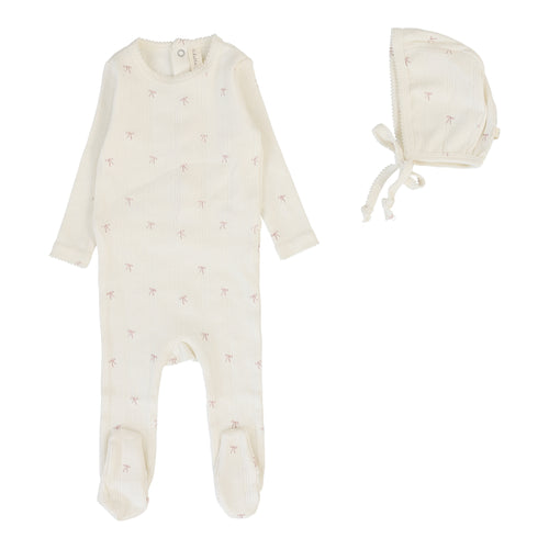 Lil Legs Printed Pointelle Footie & Bonnet - Cream/Pink Bow