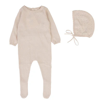 Lil Legs Dotty Knit Footie & Bonnet - Petal