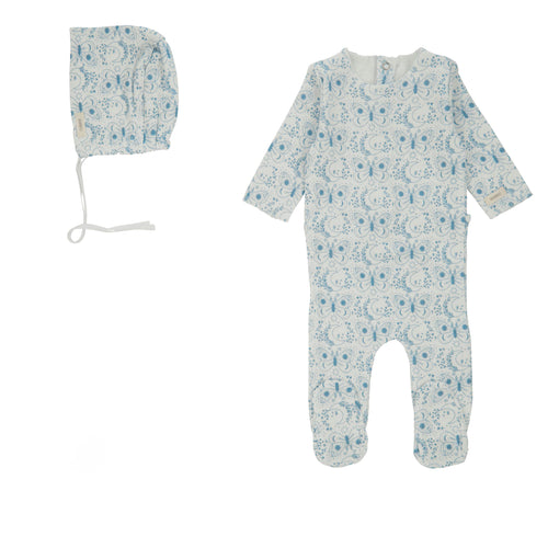 Cream Bebe Flatory Print Footie & Bonnet - Milk/Denim