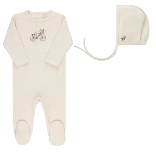 Aurora Velour Bicycle Footie & Bonnet - Ivory/Girl