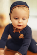Load image into Gallery viewer, L'amour Lou Pointelle Bear Patch Footie &amp; Bonnet - Navy
