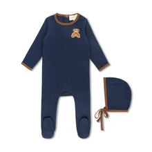 Load image into Gallery viewer, L'amour Lou Pointelle Bear Patch Footie &amp; Bonnet - Navy