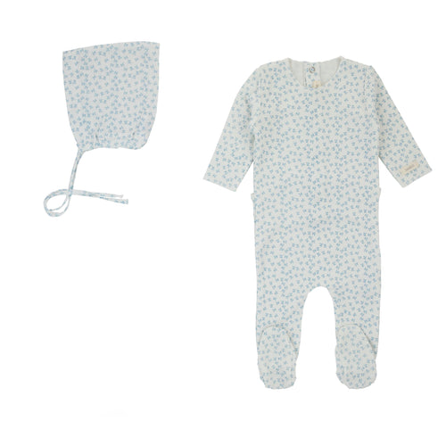 Cream Bebe Rib Floral Footie & Bonnet - Milk/Blue