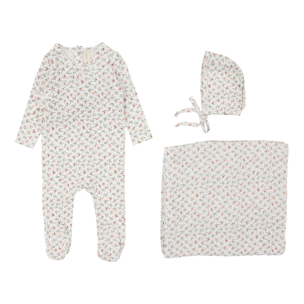 Lil Legs Bouquet Floral Footie, Bonnet & Blanket - Winter White Floral