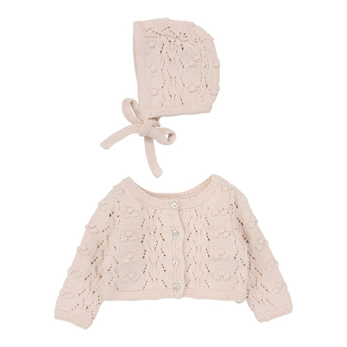 Lil Legs Popcorn Weave Cardigan & Bonnet - Petal