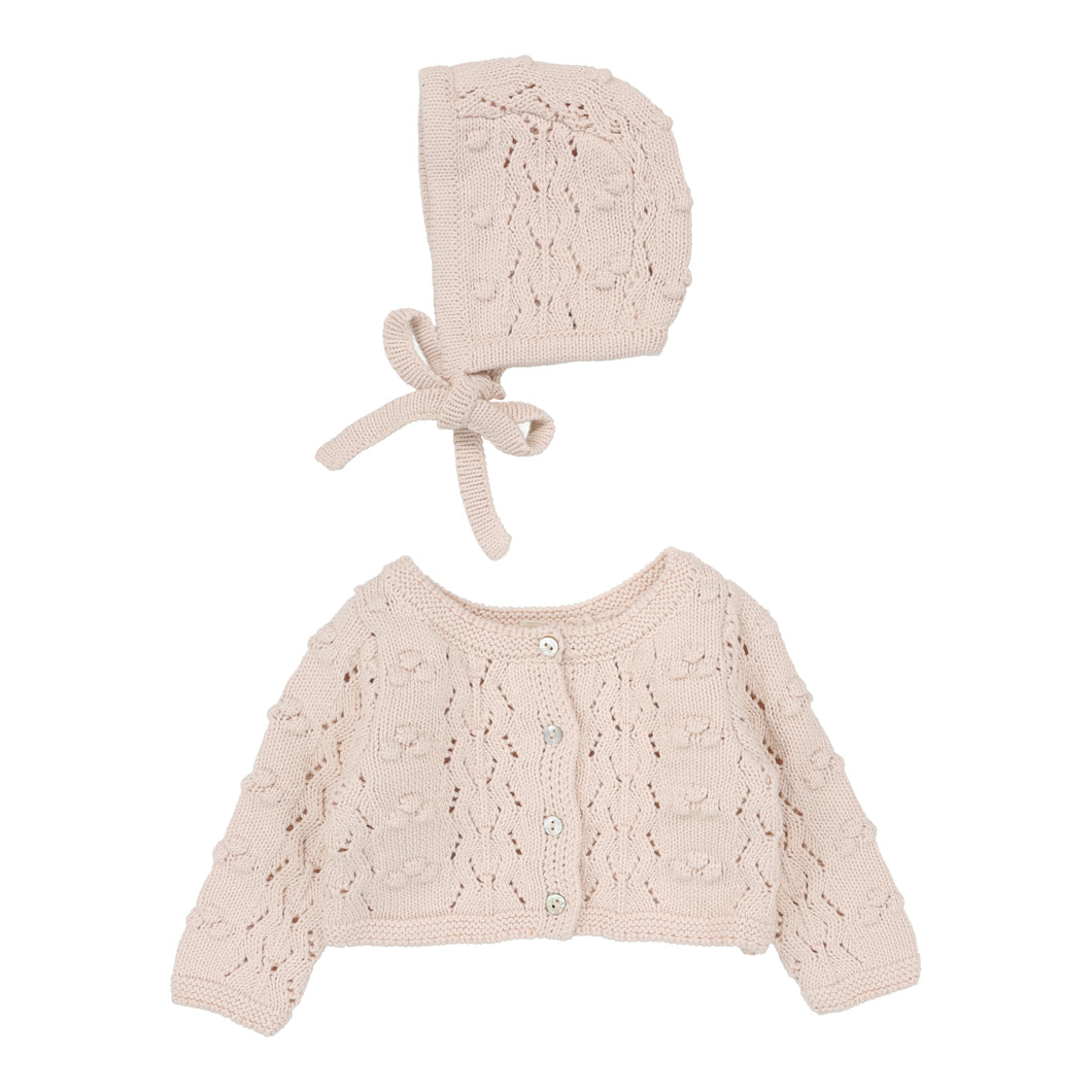 Lil Legs Popcorn Weave Cardigan & Bonnet - Petal