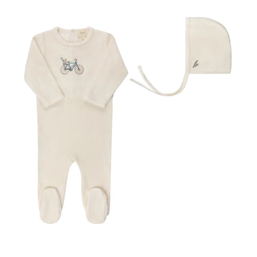 Aurora Velour Bicycle Footie & Bonnet - Ivory/Boy