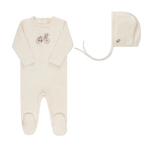 Aurora Velour Bicycle Footie & Bonnet - Ivory/Girl