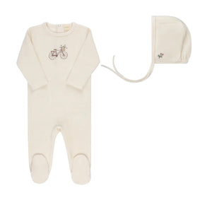 Aurora Velour Bicycle Footie & Bonnet - Ivory/Girl