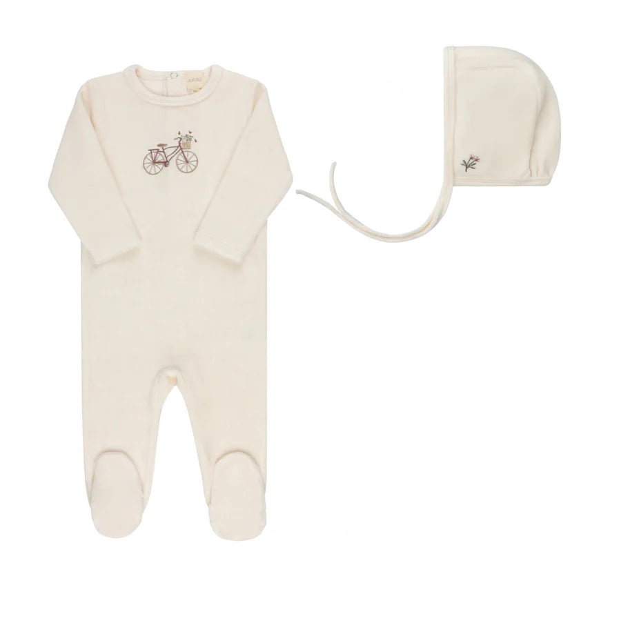 Aurora Velour Bicycle Footie & Bonnet - Ivory/Girl