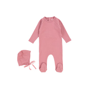 Bee And Dee Ribbed Footie and Bonnet - Dark Pink