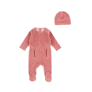 Bee and Dee Velour Pocket Footie and Beanie - Grapefruit