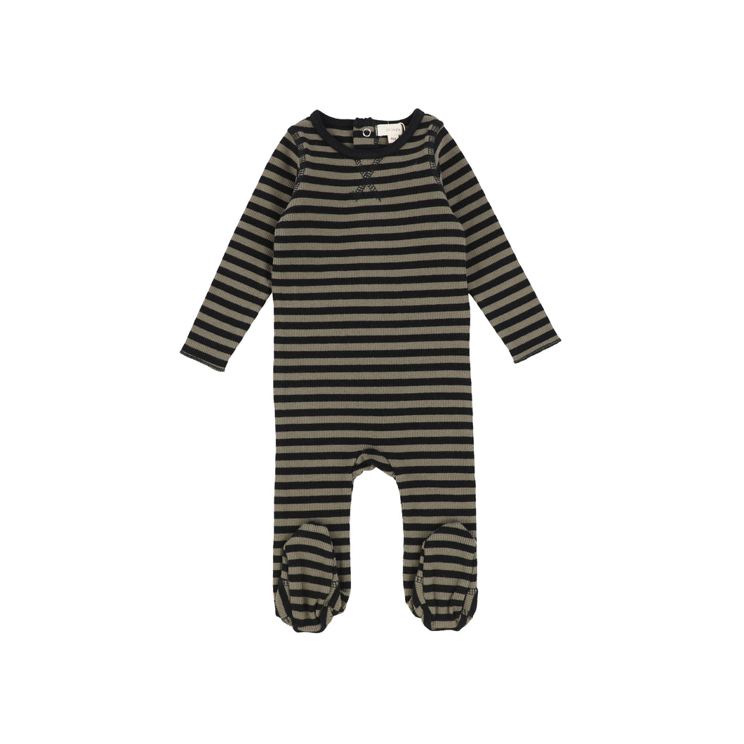 Lil Classic Ribbed Footie and Bonnet- Olive/Black Stripe
