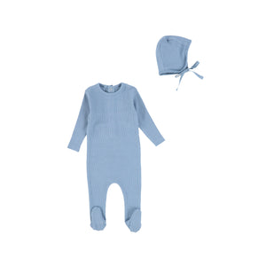 Bee and Dee Classic Ribbed Footie and Bonnet - Mid Blue
