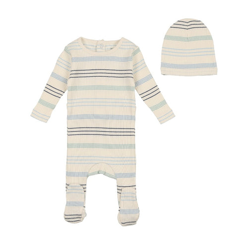 Bee and Dee Striped Footie and Beanie - Blue Stripe