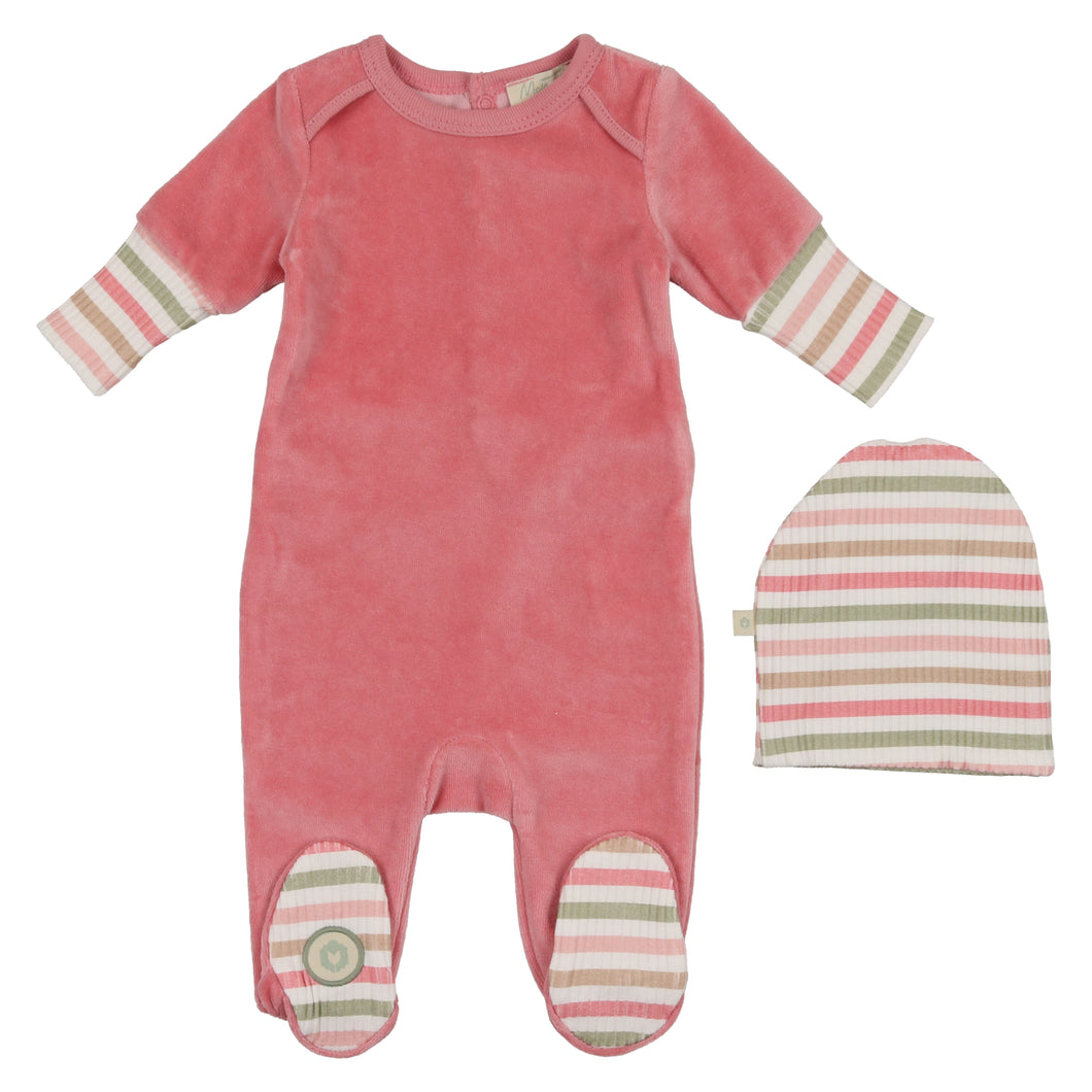 Mon Tresor Stripe a Chord Footie and Beanie - Pink