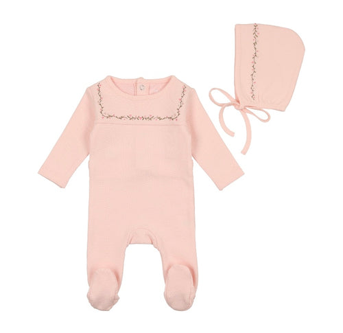 Bee and Dee Embroidered Linen Pointelle Footie and Bonnet - Petal Pink
