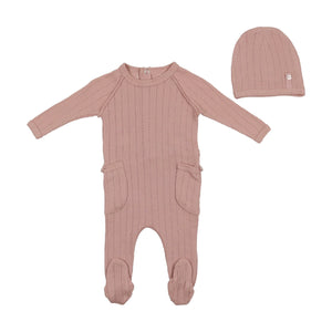 Bee and Dee Pointelle Button Footie and Beanie - Pale Pink