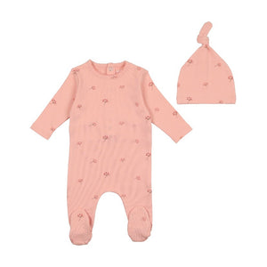 Bee and Dee Little Buds Print Footie and Hat - Rose
