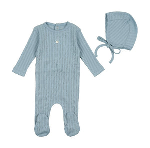 Bee and Dee Pointelle Footie and Bonnet - Blue Fog