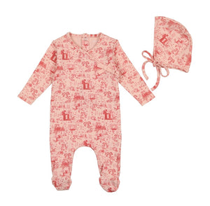 Bee and Dee Toile Footie and Bonnet - Medium Pink