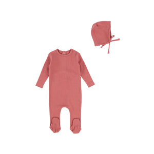 Bee and Dee Classic Ribbed Footie and Bonnet - Dusty Pink