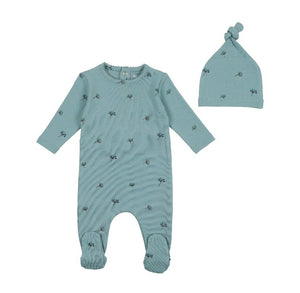 Bee and Dee Little Buds Print Footie and Hat - Mid Blue