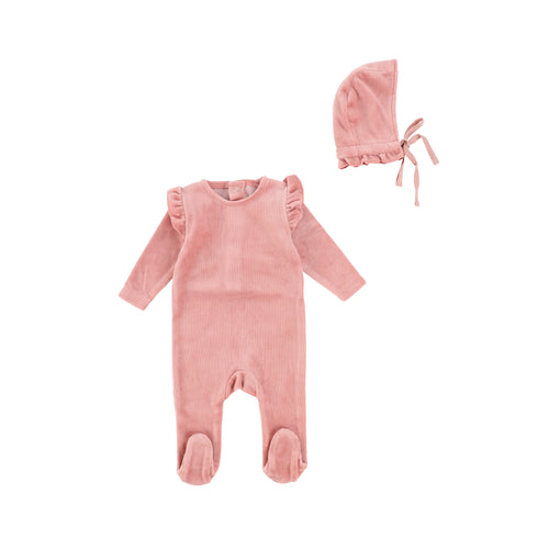 Bee and Dee Ruffle Detail Footie and Bonnet- Medium Blush