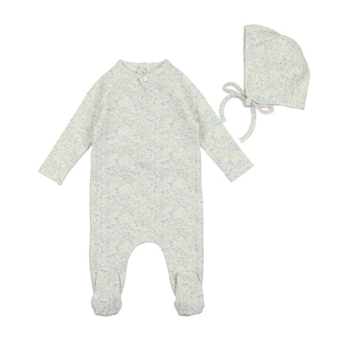 Bee and Dee Cotton Print Footie and Bonnet - Ashley Blue